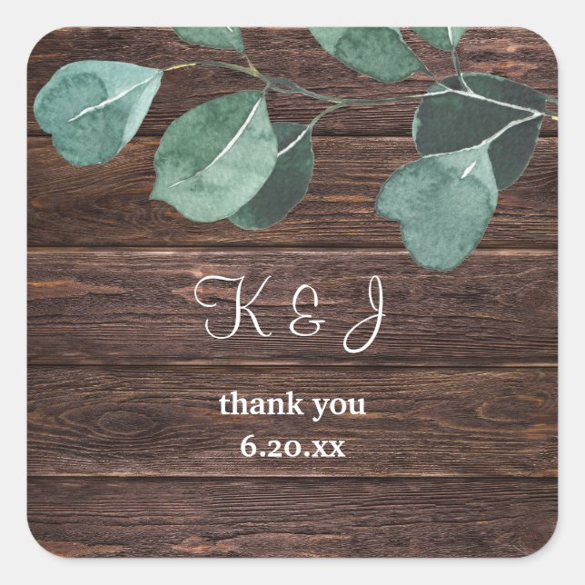 Eucalyptus & Wood Greenery Monogram Square Sticker (Front)