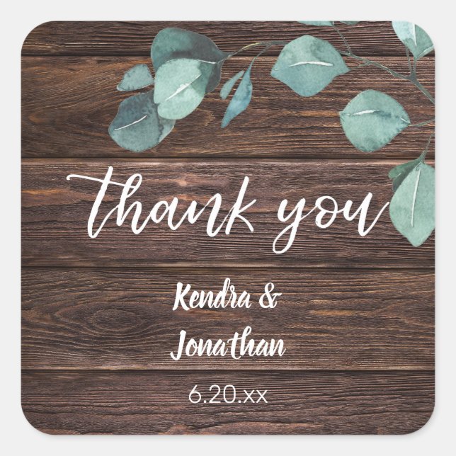 Eucalyptus & Wood Greenery Thank You Square Sticker (Front)