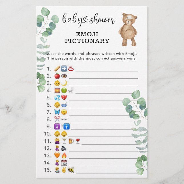 Eucalyptus woodland Emoji picture game baby shower (Front)