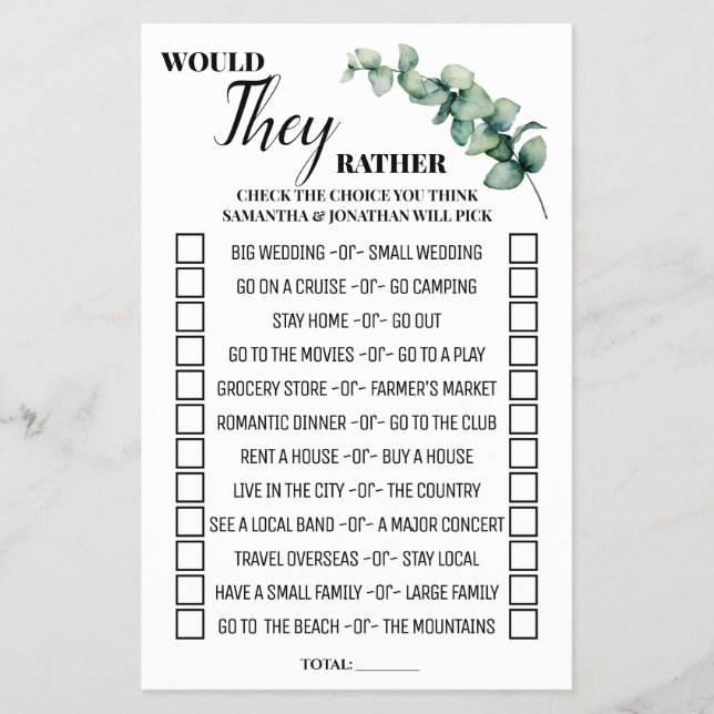 Eucalyptus Would They Rather Shower Game Card (Front)