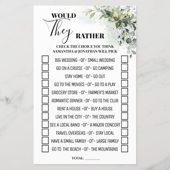 Eucalyptus Would They Rather Shower Game Card (Front)