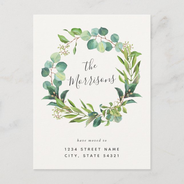 Eucalyptus Wreath Calligraphy Change of Address Postcard (Front)