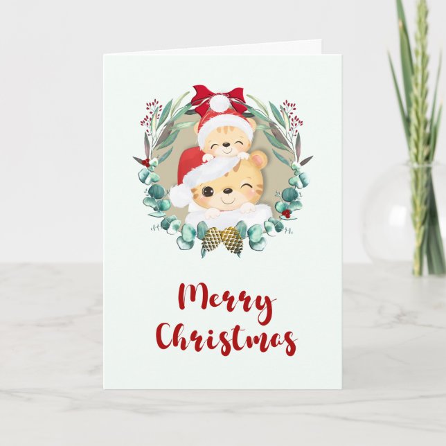 Eucalyptus Wreath Cute Tiger Family Christmas  Holiday Card (Front)
