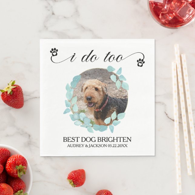 Eucalyptus Wreath Dog Photo Wedding Napkin (Insitu)