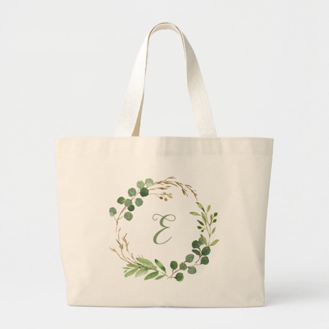 Eucalyptus wreath personalised monogram large tote bag (Front)