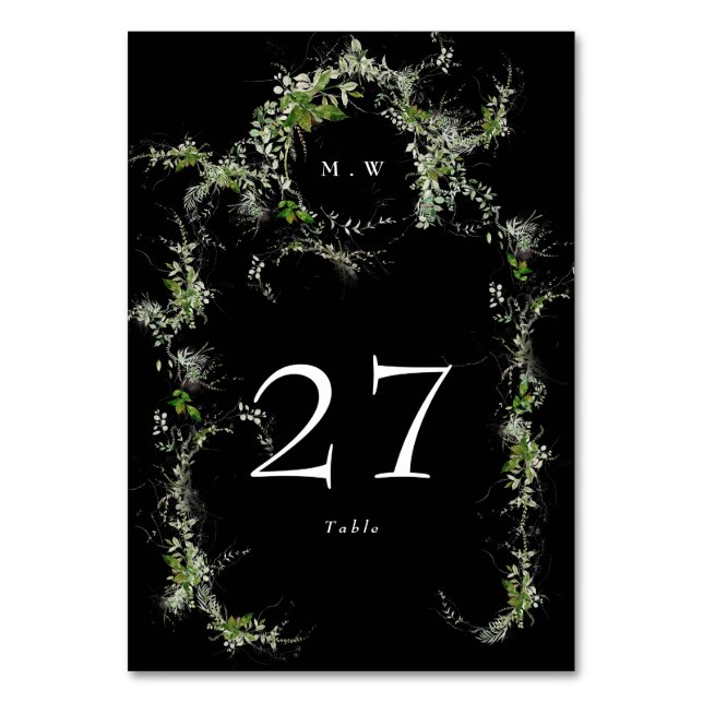 Eucalyptus Wreath Premium Black Monogram Wedding Table Number (Front)