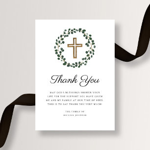 Eucalyptus Wreath Religious Cross Funeral Thank You Card