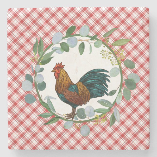 Eucalyptus Wreath & Rooster Farmhouse  Stone Coaster (Front)