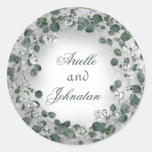 Eucalyptus Wreath Wedding Name Favour Green Silver Classic Round Sticker