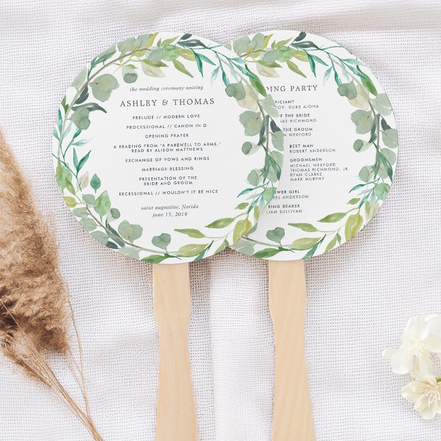 Eucalyptus Wreath Wedding Program Hand Fan (Creator Uploaded)