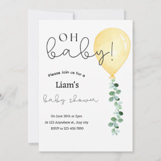Eucalyptus yellow balloon baby shower invitation