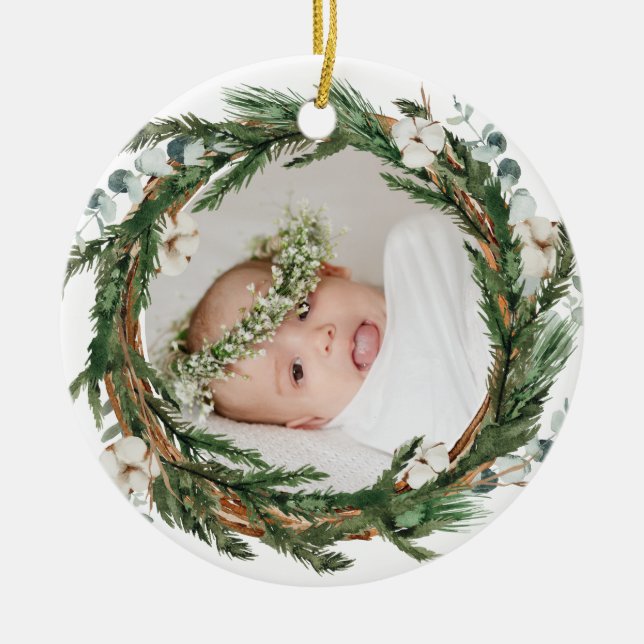 Eucalytus and Pine Wreath Baby Photo Christmas Ceramic Tree Decoration (Front)