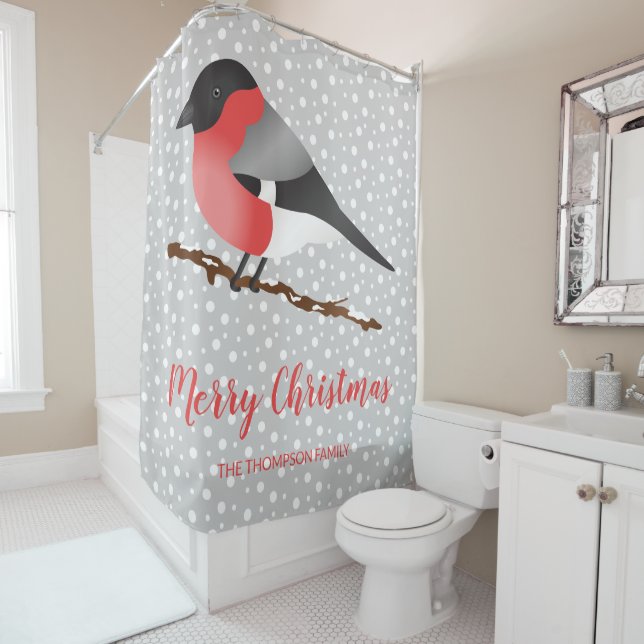 Eurasian Bullfinch Custom Family Name Christmas Shower Curtain (In Situ)