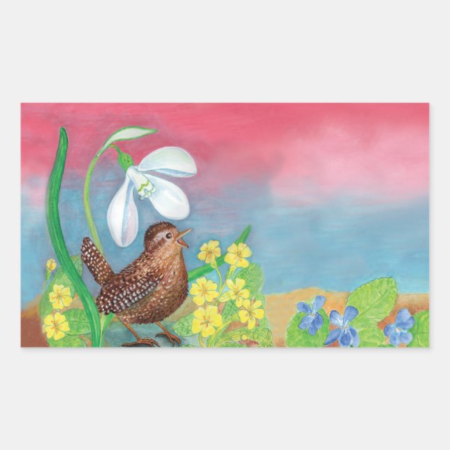 Eurasian wren & Snowdrop & Primroses  Rectangular Sticker (Front)