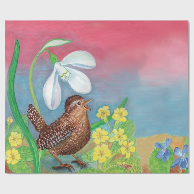Eurasian wren & Snowdrop & Primroses  Wrapping Paper (Flat)