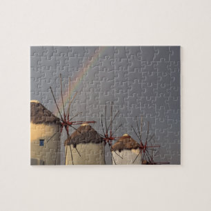 Europe, Greece, Mykonos. wind mill with rainbow Jigsaw Puzzle