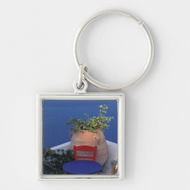 Europe, Greece, Santorini. Terrace with sea view Key Ring (Front)