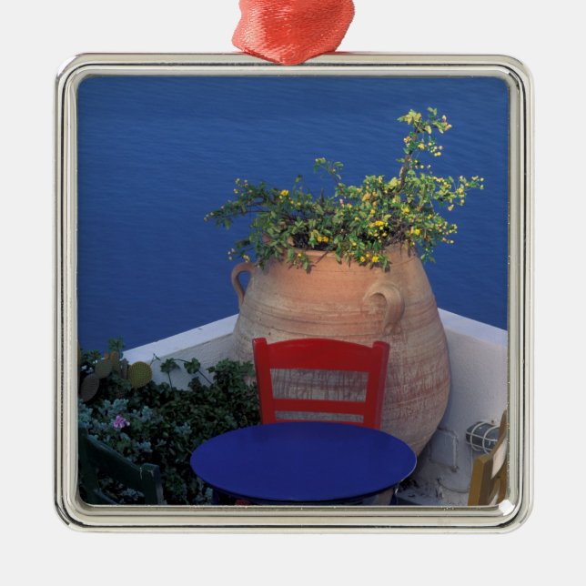 Europe, Greece, Santorini. Terrace with sea view Metal Tree Decoration (Front)