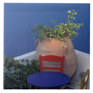 Europe, Greece, Santorini. Terrace with sea view Tile