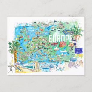 Europe Illustrated Travel Map Postcard