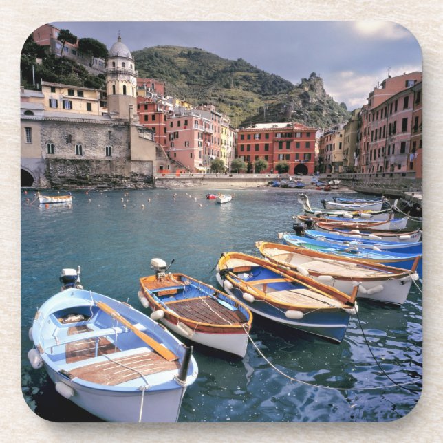 Europe, Italy, Vernazza. Brightly painted boats Coaster (Front)