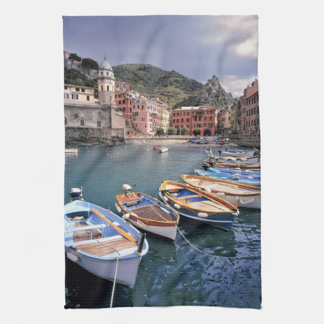 Europe, Italy, Vernazza. Brightly painted boats Tea Towel (Vertical)