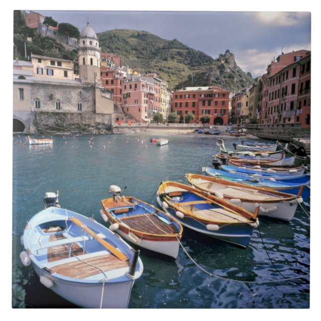 Europe, Italy, Vernazza. Brightly painted boats Tile (Front)