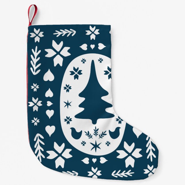 Europe Merry Christmas folk doodle art with firtre Small Christmas Stocking (Front)