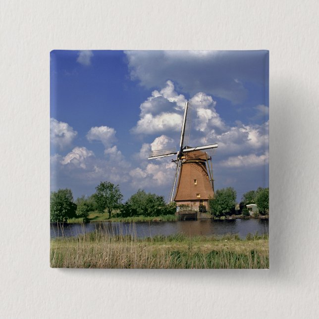 Europe, Netherlands, Kinerdijk. A windmill sits 15 Cm Square Badge (Front)