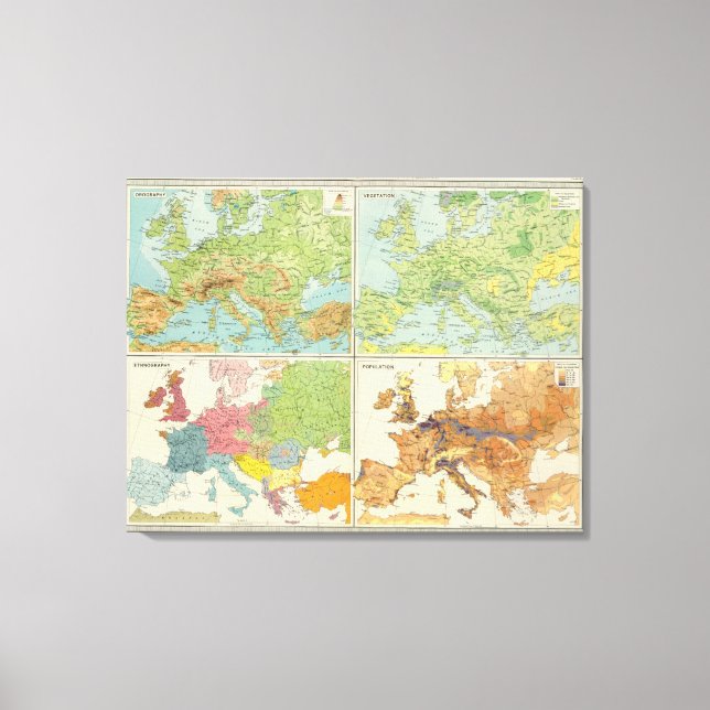 Europe physical features & population Map Canvas Print (Front)