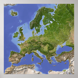 Europe, shaded relief map poster