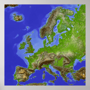 Europe, shaded relief map poster