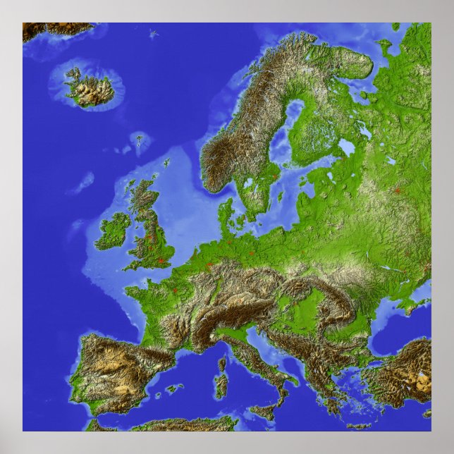 Europe, shaded relief map poster (Front)