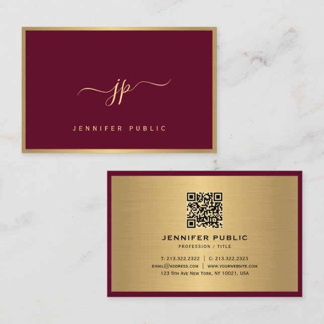 Europe Size Script Bordeaux Gold Monogram Initial Business Card (Front/Back)