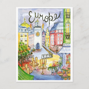 Europe, urban city, attractions, vintage travel postcard