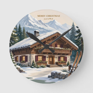 European Alpine Christmas- Snowy Mountain Winter Round Clock