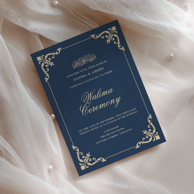 European Baroque Frame Navy Blue Walima Ceremony Invitation (Creator Uploaded)