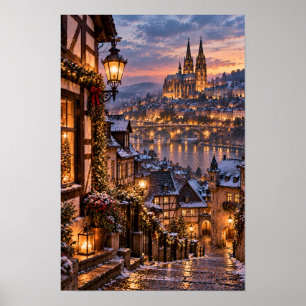 European Cathedral Riverside Winter Sunset Wall Ar Poster