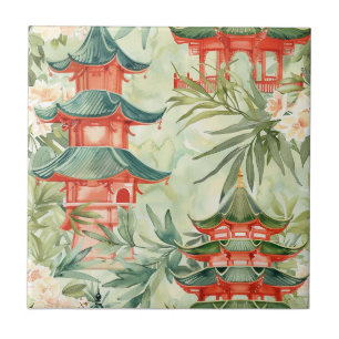 European Chinoiserie Pagoda Forest Watercolor Tile