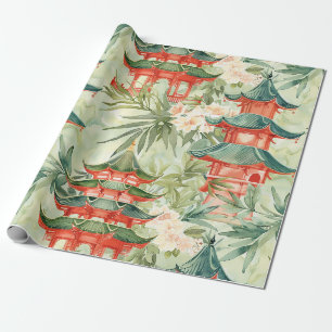 European Chinoiserie Pagoda Forest Watercolor Wrapping Paper