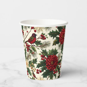 European Christmas Poinsettia Cream Red Green Paper Cups