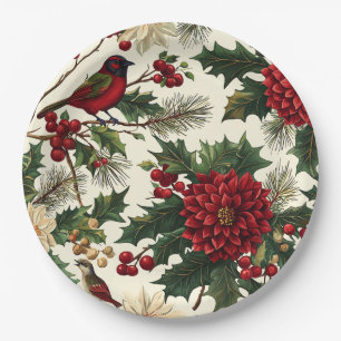 European Christmas Poinsettia Cream Red Green Paper Plate