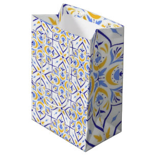 European Floral Blue and Gold Geometric Mosaic  Medium Gift Bag