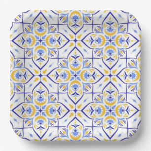 European Floral Blue and Gold Geometric Mosaic Paper Plate