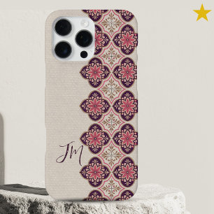 European Pink Purple Portuguese Tiles Monogram  iPhone 16 Pro Max Case
