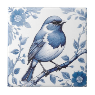 European Robin Bird Delft Blue and White Floral Tile