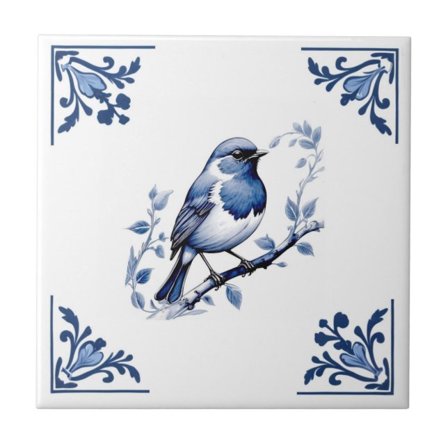 European Robin Bird Delft Blue White Floral Corner Tile (Front)