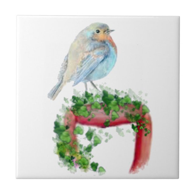 European Robin, Bird, Watercolor Bird, Nature Tile (Front)