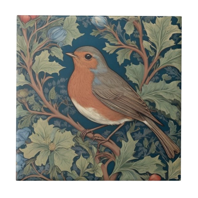 European Robin Bird William Morris style Left Tile (Front)