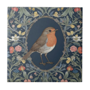 European Robin Bird William Morris style R Floral Tile
